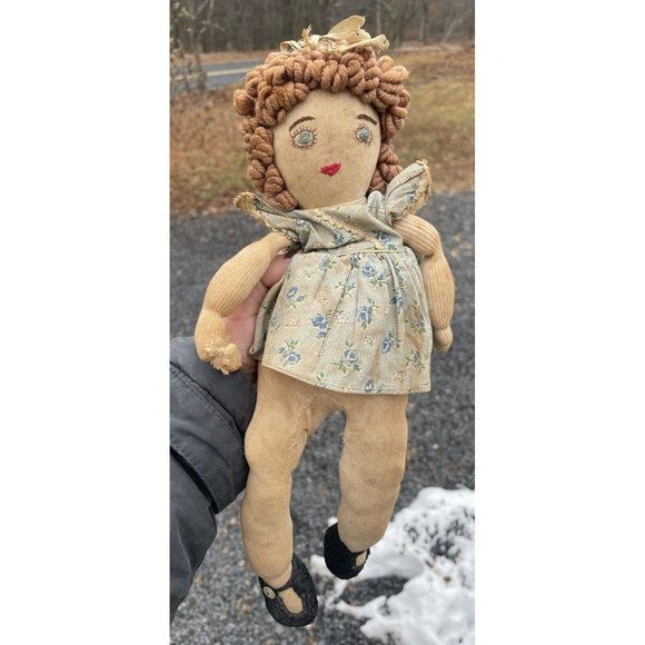 Antique Handmade Ragdoll Embroidered Face 20th C. Vintage Doll Rag Doll Cloth - Picture 1 of 15